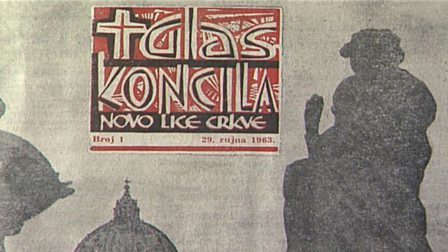 Zaglavlje prvog broja Glasa Koncila, 29. rujna 1963., s natpisom Novo lice Crkve; iza zaglavlja sjene kupole i lika u molitvi.