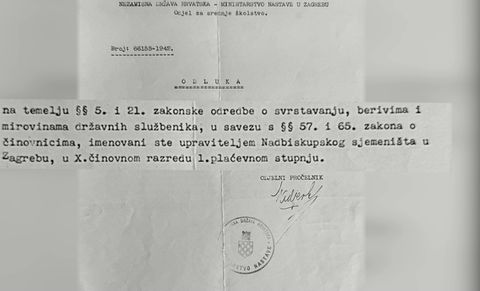 Strojopisna odluka Ministarstva nastave iz 1942. kojom je imenovan upraviteljem Nadbiskupskog sjemeništa u Zagrebu, s pečatom i potpisom.