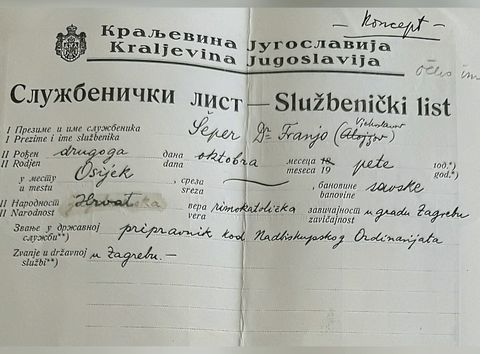 Službenički list Kraljevine Jugoslavije, ispisan rukom: Šeper dr. Franjo, rođen u Osijeku, pripravnik kod Nadbiskupskog ordinarijata u Zagrebu.