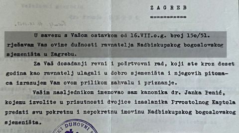 Strojopisni dopis iz Zagreba kojim se, u vezi s ostavkom od 16. srpnja, razrješuje dužnosti ravnatelja sjemeništa; za nasljednika je imenovan kanonik dr. Janko Penić.