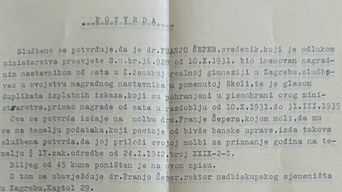 Strojopisna potvrda da je dr. Franjo Šeper od 10. listopada 1931. do 31. ožujka 1935. bio nastavnik na I. ženskoj realnoj gimnaziji u Zagrebu.