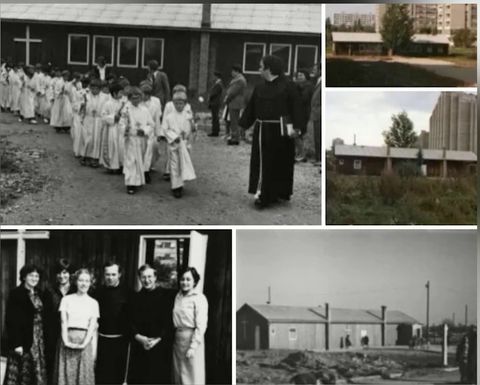 Kolaž četiriju fotografija: prva pričest pred montažnom crkvom, niske barake i novi stambeni blokovi Novog Zagreba.